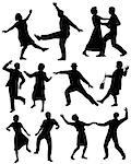 Set of editable vector silhouettes of elderly couples dancing together with all figures as separate objects