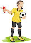Soccer referee whistles and shows red card. Isolated illustration in vector format