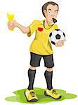 Soccer referee whistles and shows yellow card. Isolated illustration in vector format