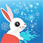 graphic funny rabbit winter on a blue background with snowflakes