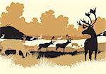 EPS8 editable vector illustration of reindeer or caribou moving across a tundra landscape with all figures as separate objects