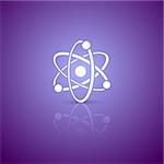 White vector atom icon on violet gradient background