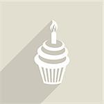 White vector birthday cupcake icon long shadow design