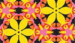 Yellow and orange floral kaleidoscope shapes over black