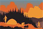 EPS8 editable vector illustration of a couple setting up camp in a wilderness area at dusk