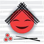 Smiling red sun with bamboo branches and rolls on the main page of restaurant menu. Vector illustration.