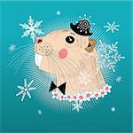 little beaver graphic hipster winter background with snowflakes