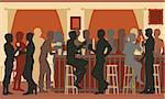 EPS8 editable vector cutout illustration of people drinking in a busy bar in the evening