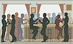 EPS8 editable vector cutout illustration of people drinking in a busy bar in daylight