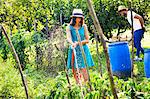 Young woman watering in vegetable garden