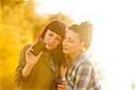 Two female friends using smart phone in sunlight, Osijek, Croatia