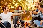 Group of friends by campfire toasting with beer, Osijek, Croatia