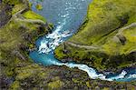 Aerial view of river in rocky scenery, Iceland