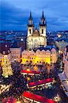 Overview of the Christmas Market and the Church of Our Lady of Tyn on the Old Town Square, UNESCO World Heritage Site, Prague, Czech Republic, Europe