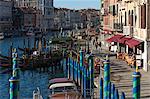 Green and blue mooring poles at the Rialto Bridge, Grand Canal, Venice, UNESCO World Heritage Site, Veneto, Italy, Europe