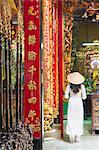 Woman wearing ao dai dress at Phuoc An Hoi Quan Pagoda, Cholon, Ho Chi Minh City, Vietnam, Indochina, Southeast Asia, Asia