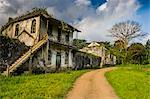 Decaying houses in the old plantation Roca Bombaim in the jungle interior of Sao Tome, Sao Tome and Principe, Atlantic Ocean, Africa