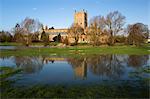 Tewkesbury Abbey reflected in flooded meadow, Tewkesbury, Gloucestershire, England, United Kingdom, Europe