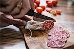 Person's hand chopping sausage with knife, Germany