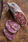 Close up of red sausage stick with slices, Germany