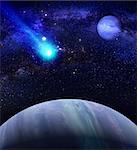Galaxy background with planet and comet. Cosmic illustration