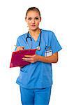 Female doctor preparing report on clipboard