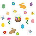 easter egg, flower and rabbit on white background