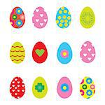 twelve decorated easter egg on white background