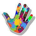 Illustration of colorful hand as a print on a white background.