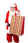 Santa giving away gift bags over white background