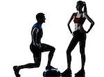 personal trainer man coach and woman exercising squats on bosu silhouette studio isolated on white background