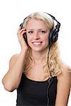 Young blond girl with a fantastic smile, wearing headphones, isolated on white background