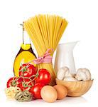 Pasta, tomatoes, eggs, mushrooms and olive oil. Isolated on white background