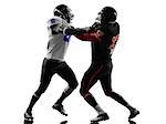 two american football players on scrimmage holding in silhouette shadow white background