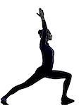 woman exercising Virbhadrasana I warrior pose yoga silhouette shadow white background