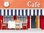 Small street cafe with striped awning, with table and chairs, cups, plates, cake and coffee