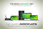 Modern devices mockups for your business projects. Set of laptop, desktop computer, server, modem router, tablet and smartphone with generic look.