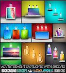 Collection of spotlights with panels with Low Poly arts for product advertisement, shop simulations, item promotions, packaging show and so on