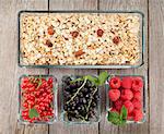 Healthy breakfast with muesli and berries. View from above on wooden table