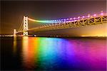 Rainbow lights on Akashi Ohashi (Pearl Bridge) in Kobe, Japan.