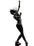 one  woman exercising fitness zumba dancing in silhouette on white background