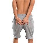 Man has diarrhea holding his butt, isolated on white background.