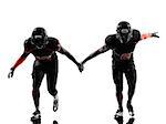two american football players running in silhouette shadow on white background
