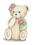 A cute little teddy bear holding a rose and looking puzzled.