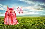 Dress and sandals on clothesline in summer fields of dandelions