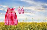 Dress and sandals on clothesline in summer fields
