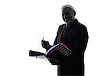 One Caucasian Senior Business Man filing files documents Silhouette White Background