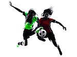 two women playing soccer players in silhouette isolated on white background