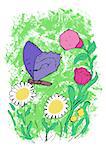 A blue butterfly that flutters over some pink flowers