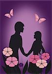 The silhouettes of a couple standing together behind flowers.